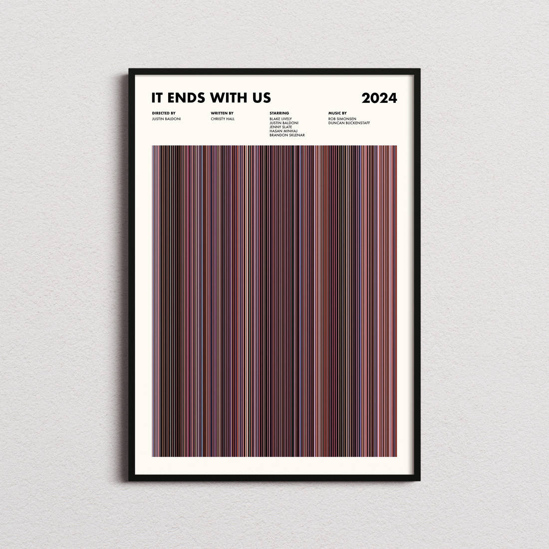 It Ends With Us Movie Barcode Poster framed on a plain studio wall