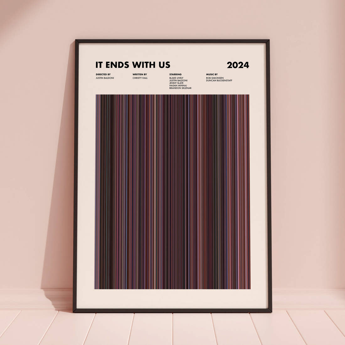 It Ends With Us Movie Barcode Poster framed and leaning against a coloured wall