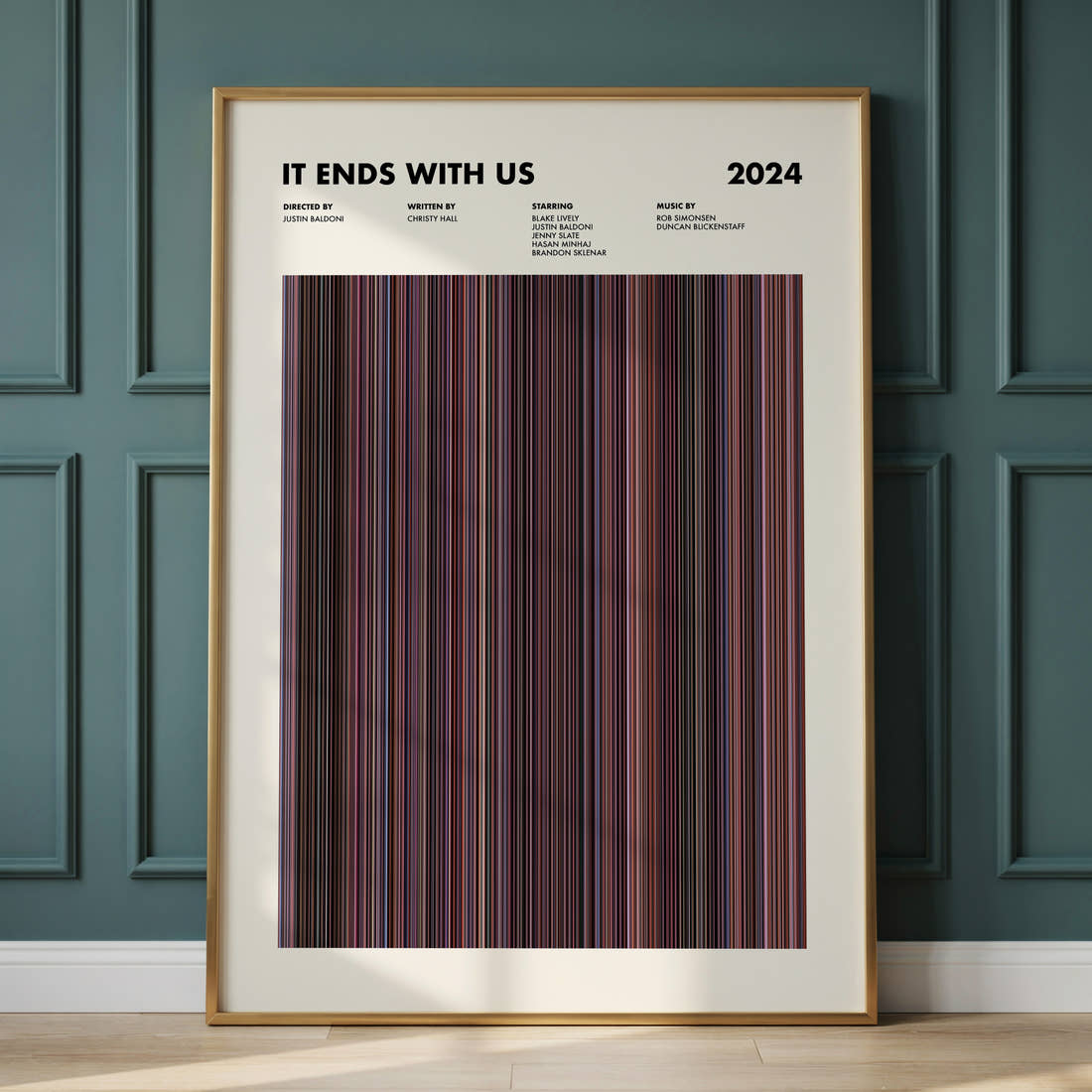 It Ends With Us Movie Barcode Poster framed and leaning against a panelled wall
