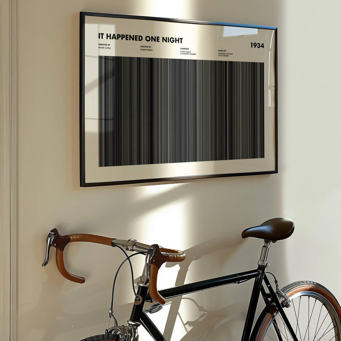It Happened One Night Movie Barcode Poster framed on the wall of a styled room setting