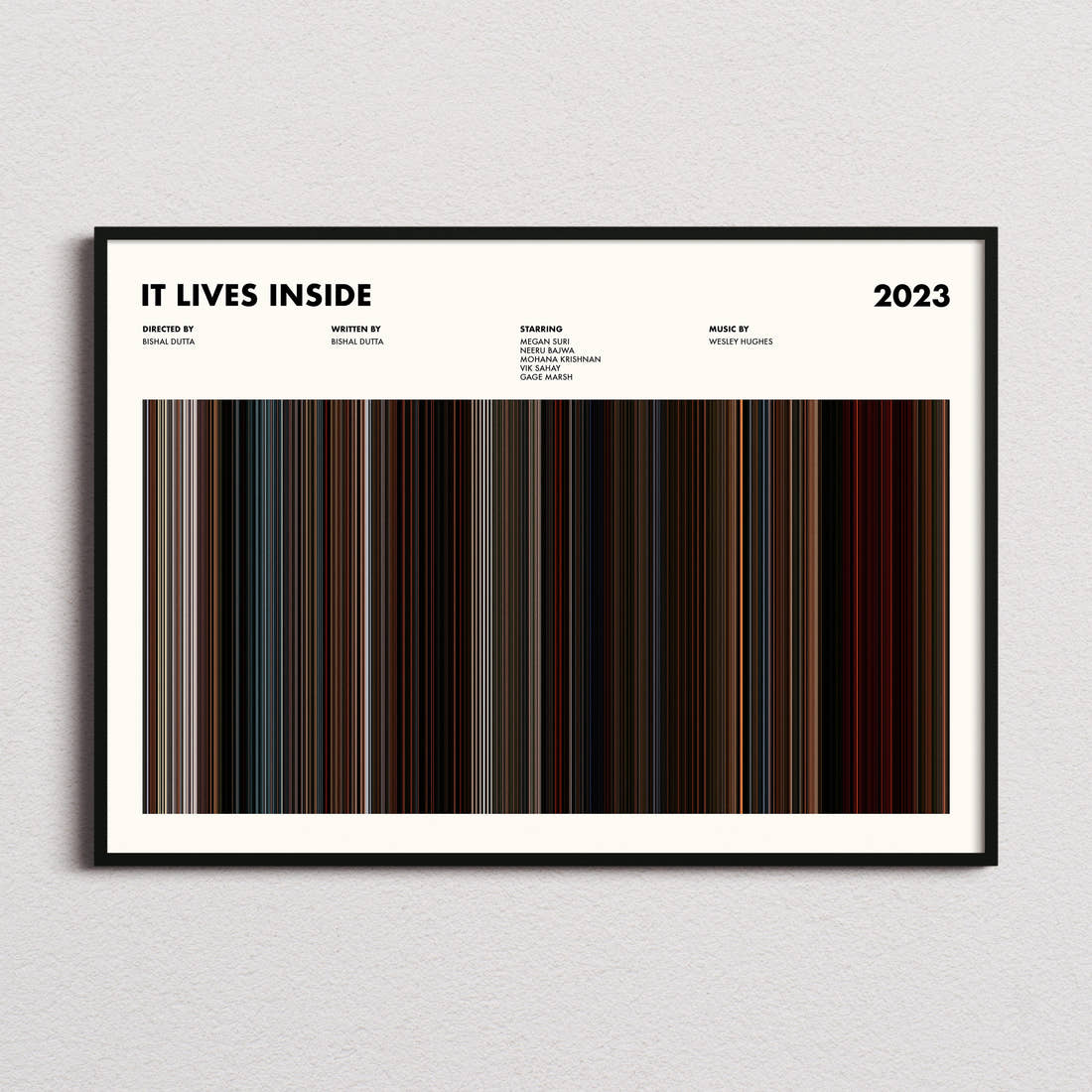 It Lives Inside Movie Barcode Poster framed and photographed straight on