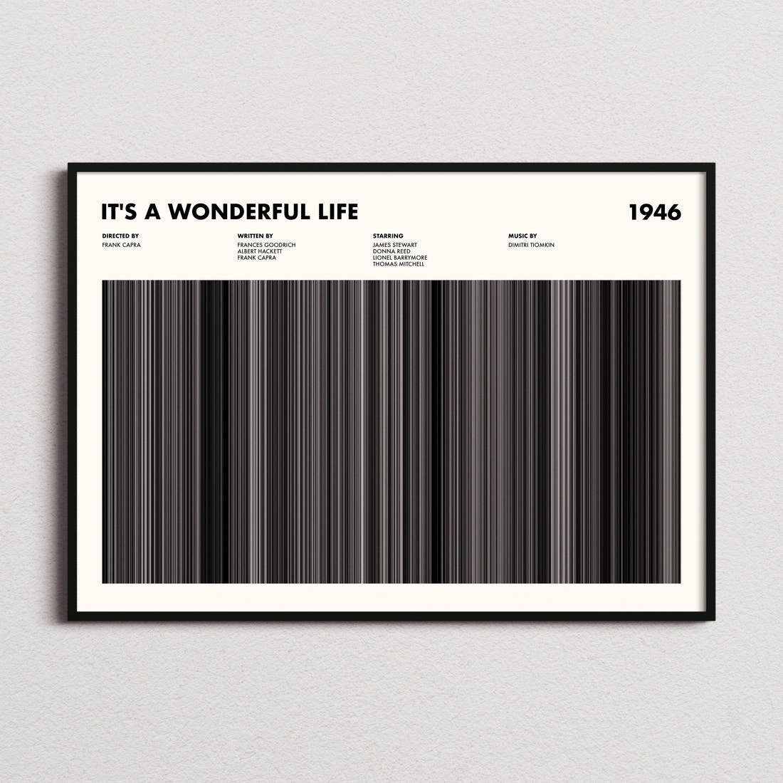 It's A Wonderful Life Movie Barcode Poster framed and photographed straight on
