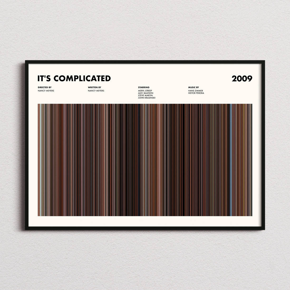 Its Complicated Movie Barcode Poster framed and photographed straight on