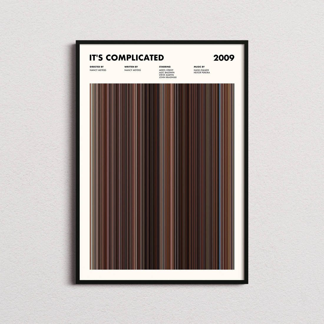 Its Complicated Movie Barcode Poster framed on a plain studio wall