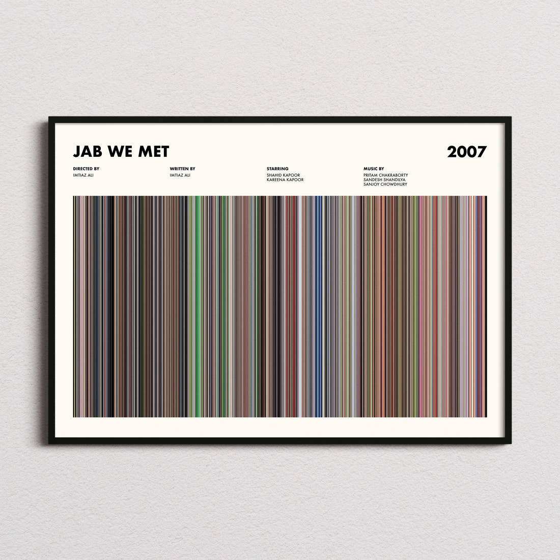 Jab We Met Movie Barcode Poster framed and photographed straight on