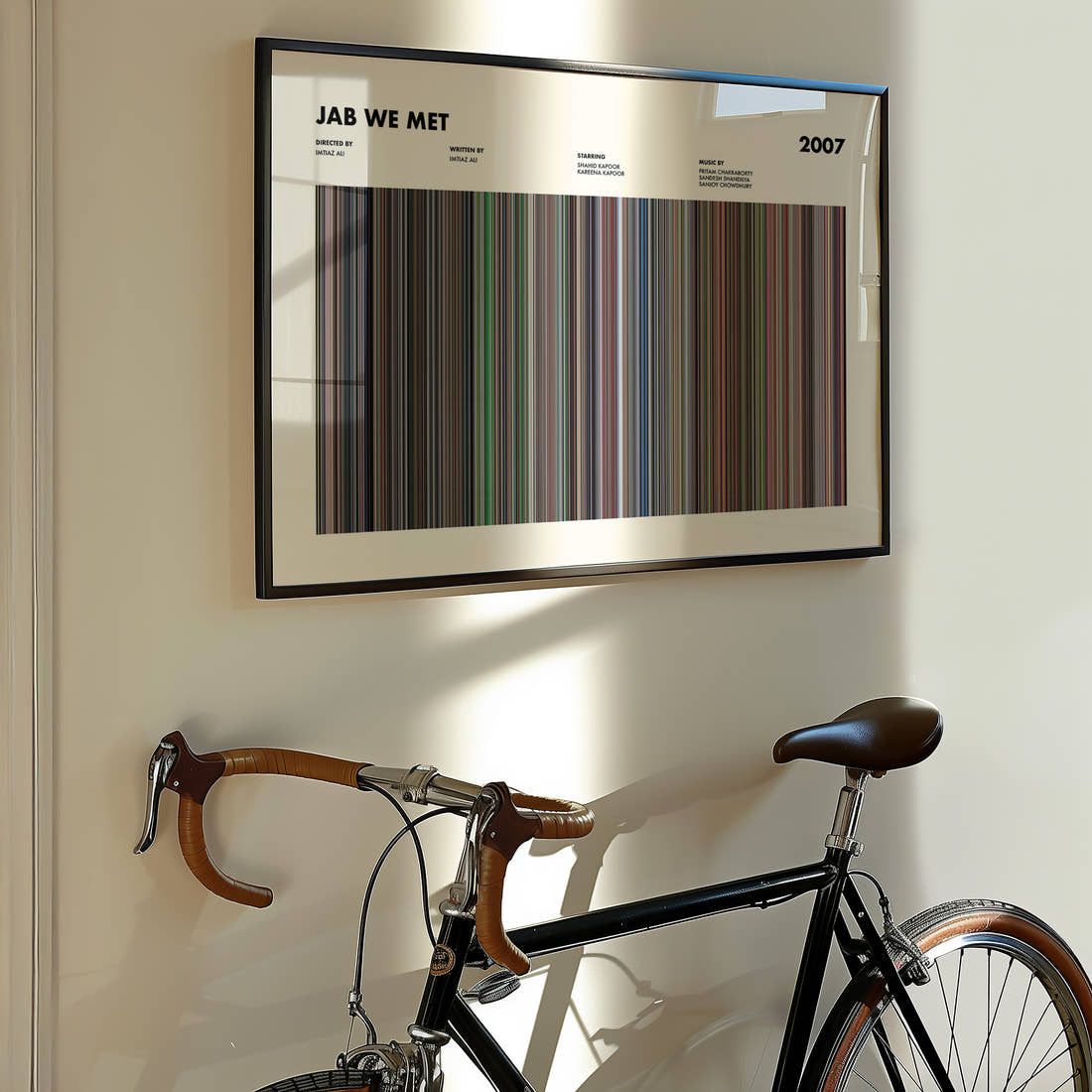 Jab We Met Movie Barcode Poster framed on the wall of a styled room setting