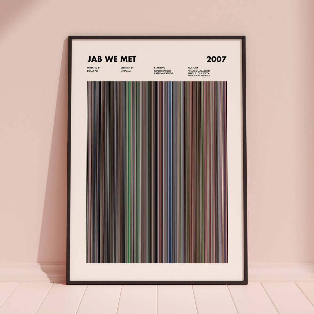 Jab We Met Movie Barcode Poster framed and leaning against a coloured wall