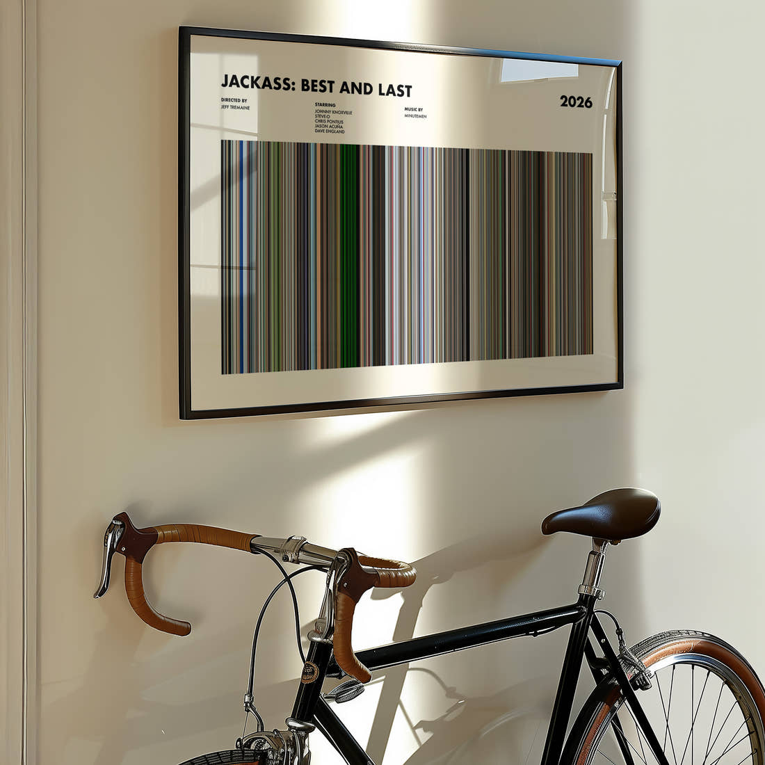 Jackass: Best and Last Movie Barcode Poster framed on the wall of a styled room setting
