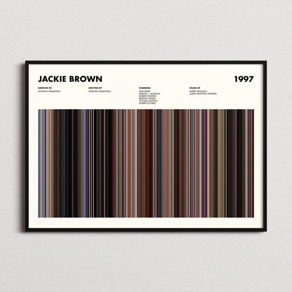 Jackie Brown Movie Barcode Poster framed and photographed straight on