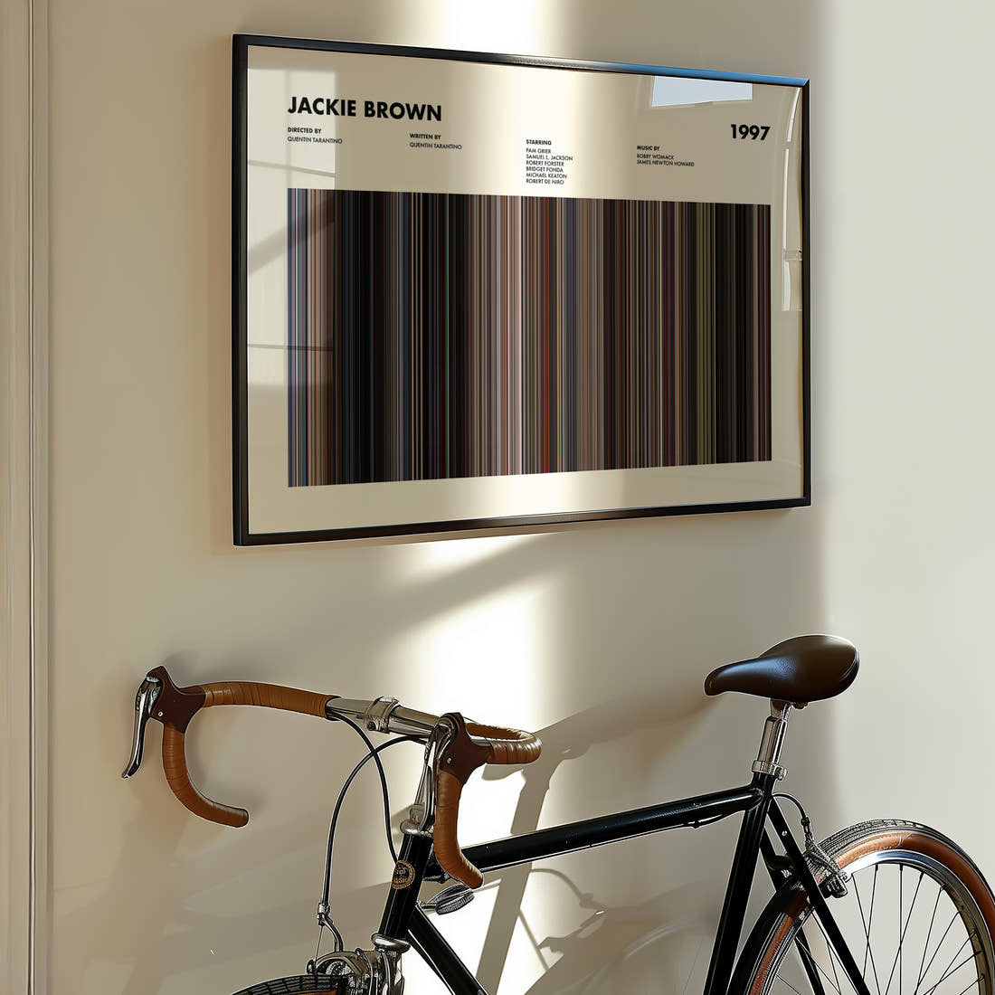 Jackie Brown Movie Barcode Poster framed on the wall of a styled room setting