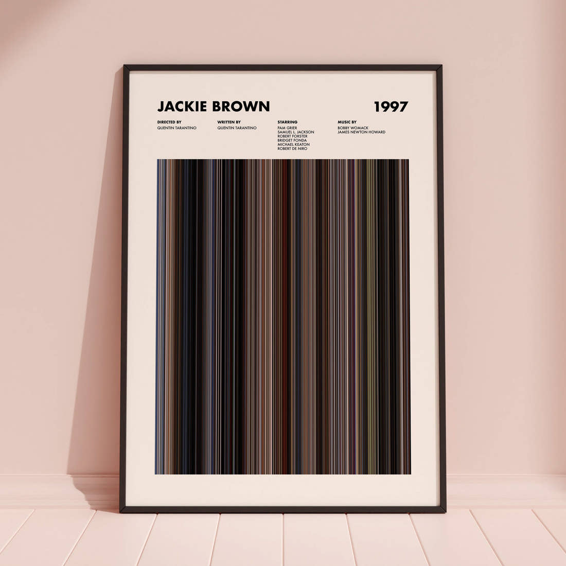 Jackie Brown Movie Barcode Poster framed and leaning against a coloured wall