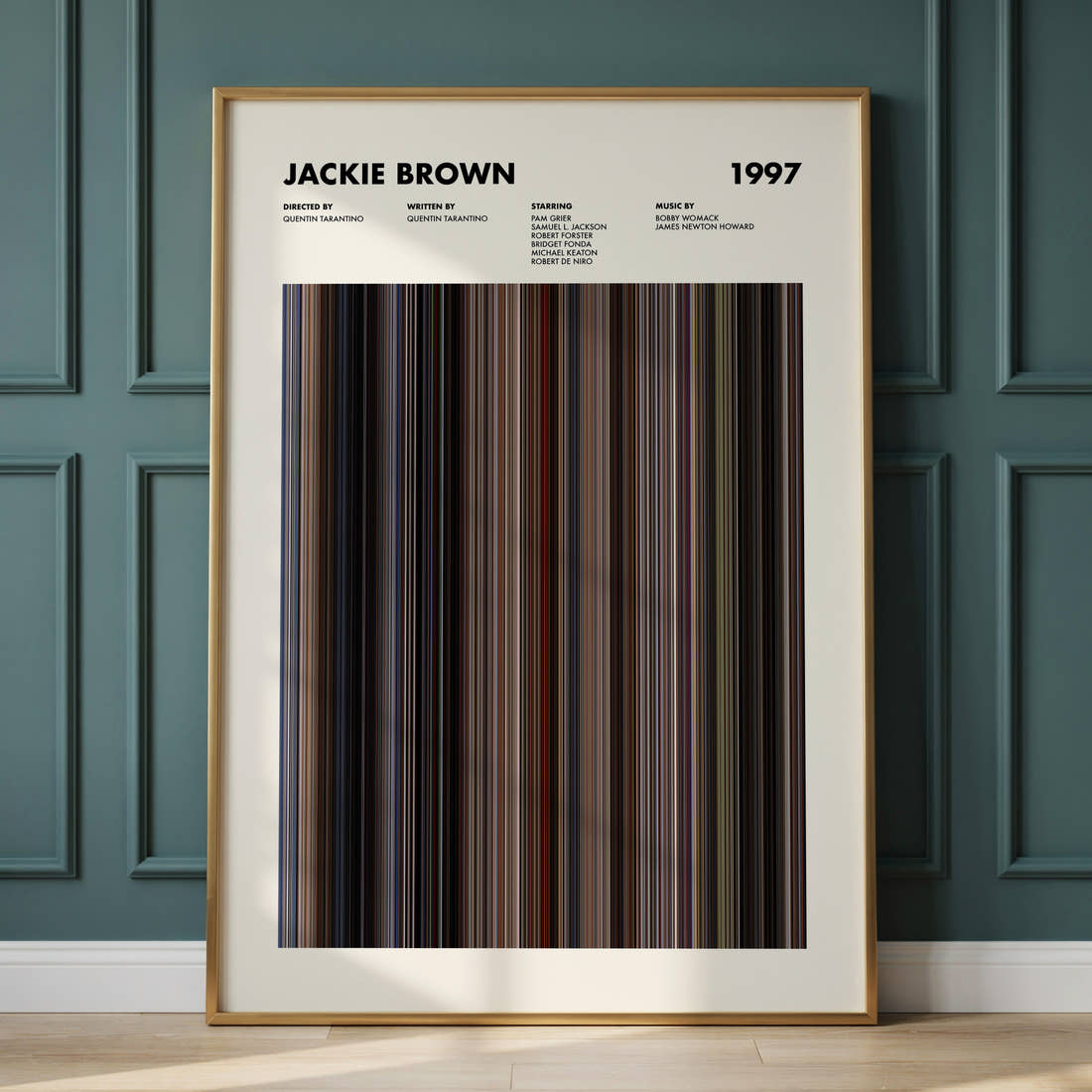 Jackie Brown Movie Barcode Poster framed and leaning against a panelled wall