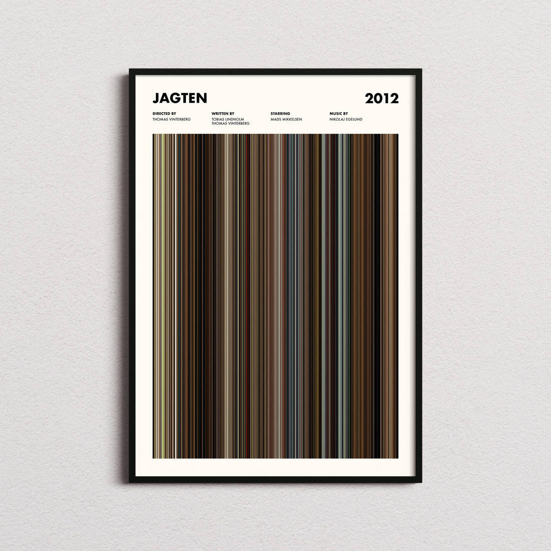 Jagten Movie Barcode Poster framed on a plain studio wall