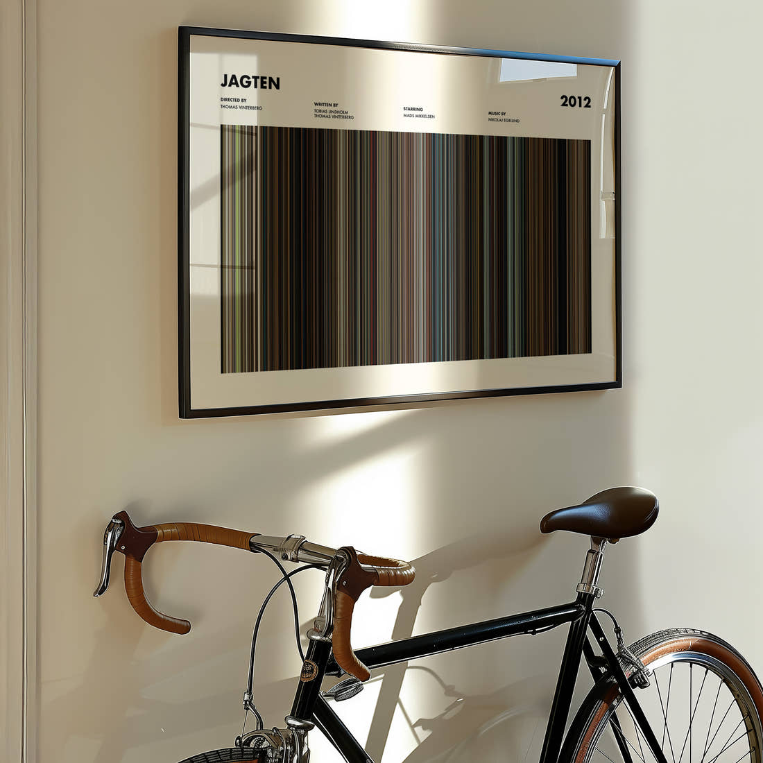 Jagten Movie Barcode Poster framed on the wall of a styled room setting