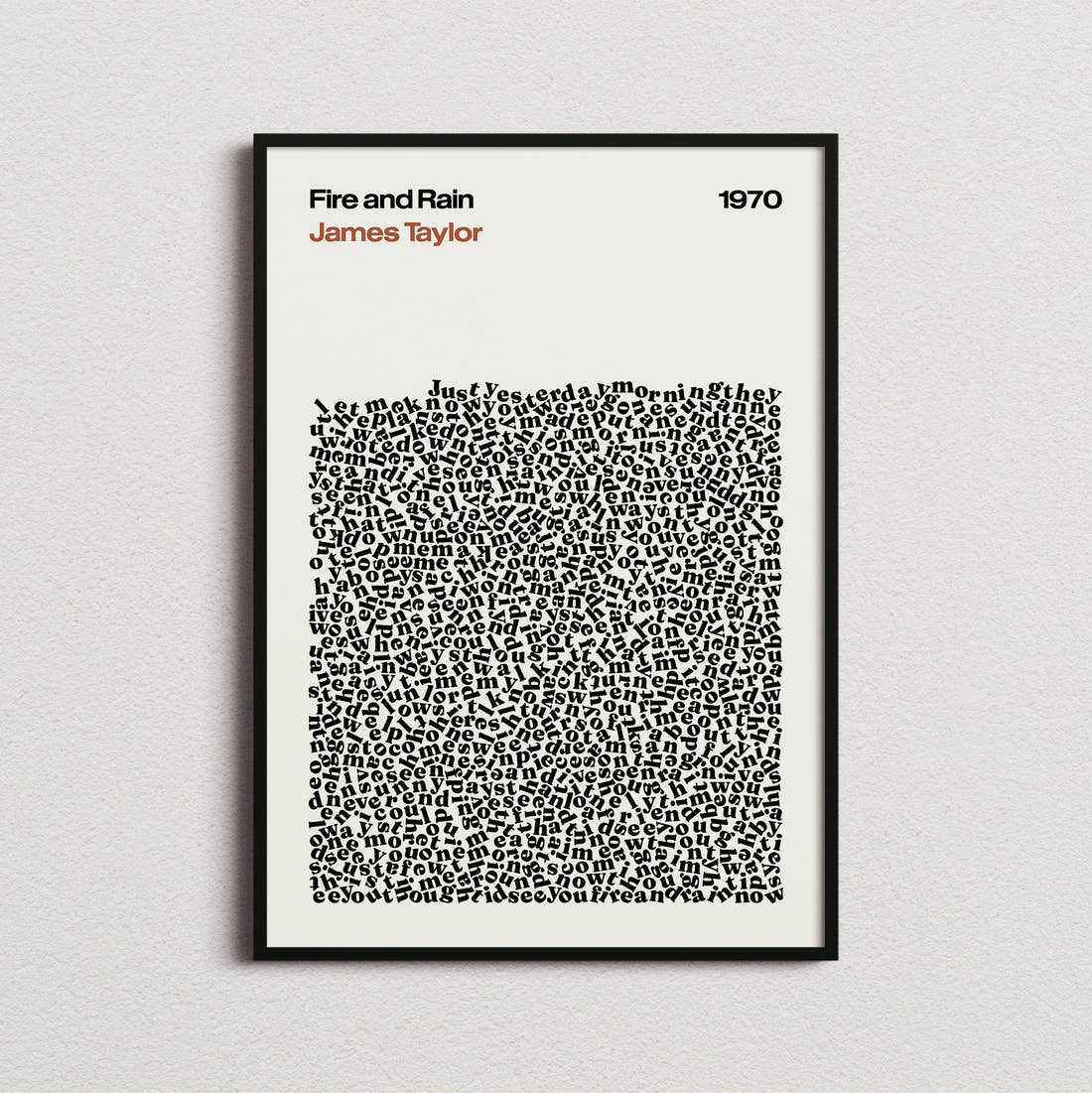 James Taylor Fire and Rain Lyric Print in the cream colourway, framed