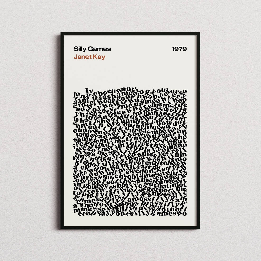 Janet Kay Silly Games Lyric Print in the cream colourway, framed