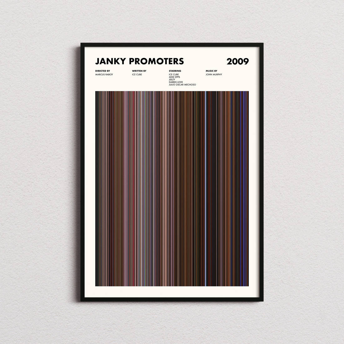 Janky Promoters Movie Barcode Poster framed on a plain studio wall