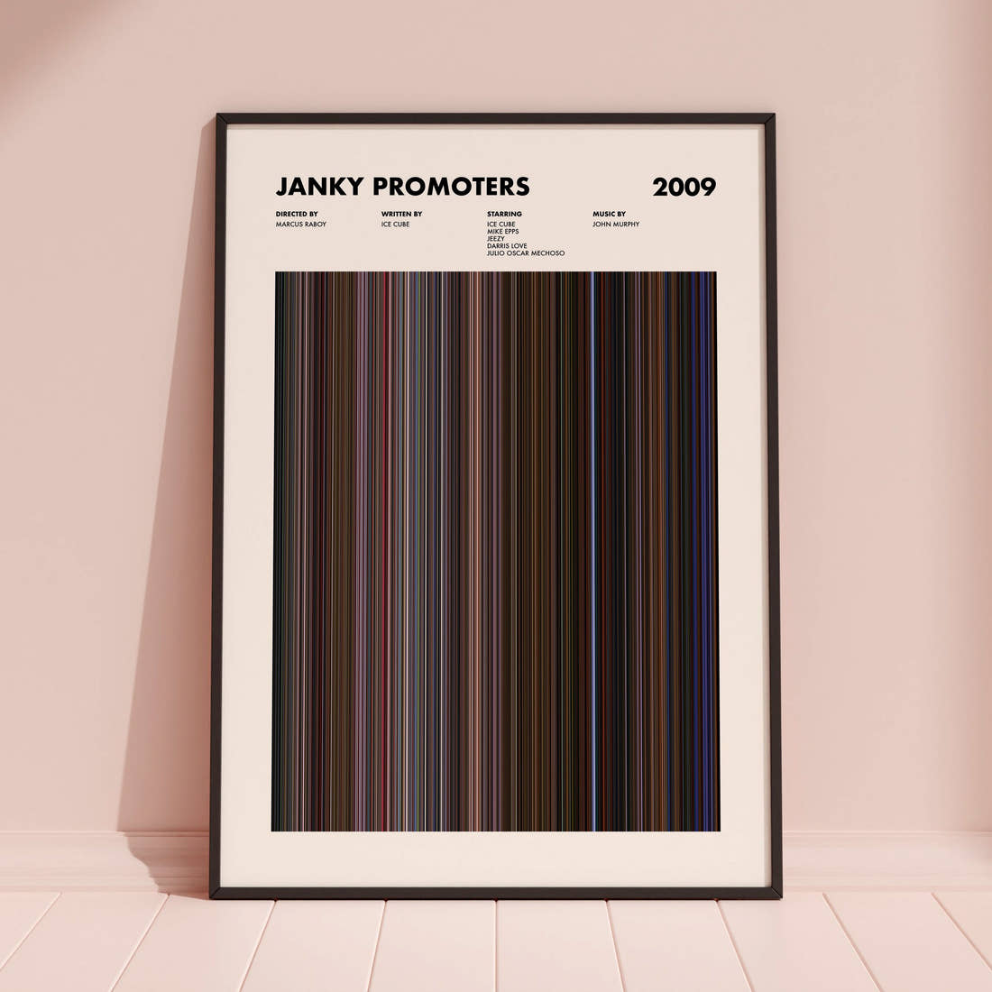 Janky Promoters Movie Barcode Poster framed and leaning against a coloured wall