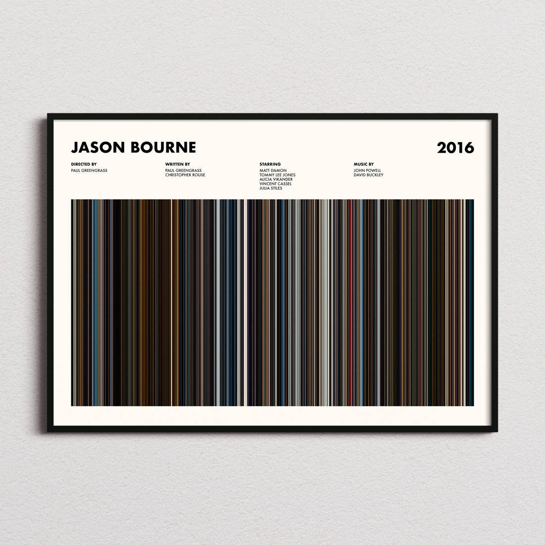 Jason Bourne Movie Barcode Poster framed and photographed straight on