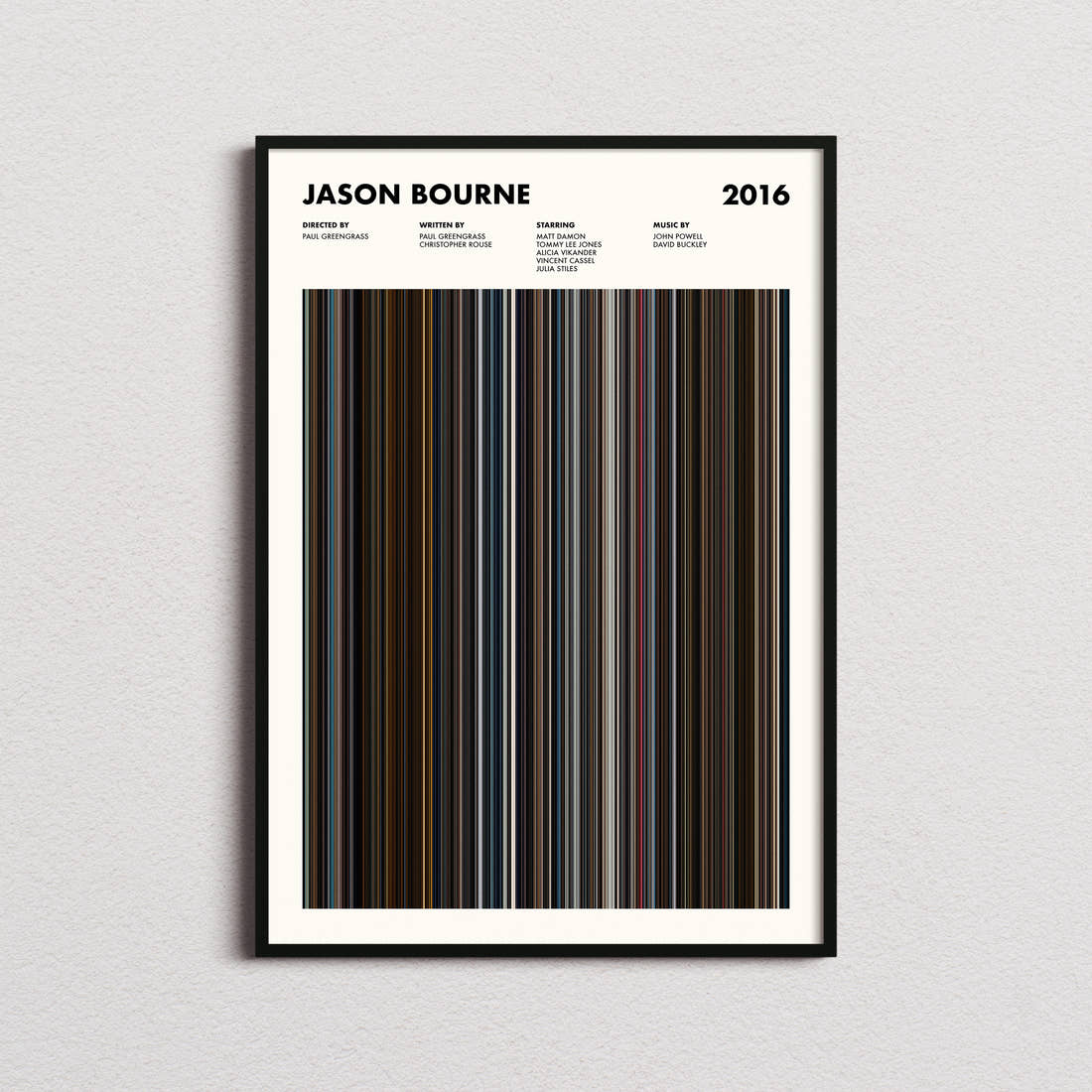 Jason Bourne Movie Barcode Poster framed on a plain studio wall