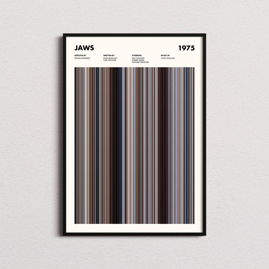 Jaws Movie Barcode Poster framed on a plain studio wall