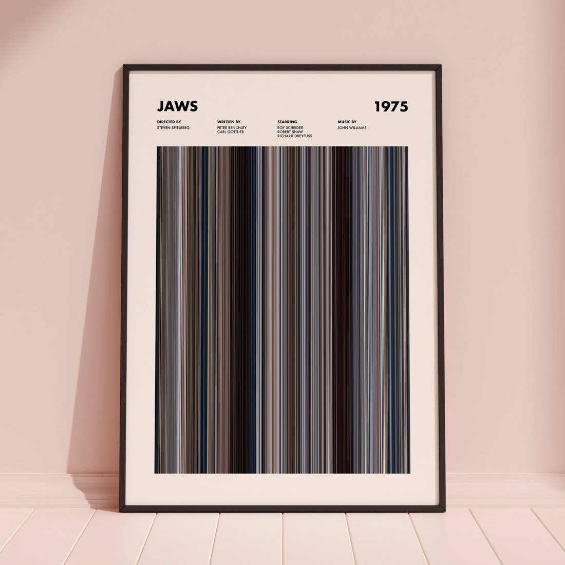 Jaws Movie Barcode Poster framed and leaning against a coloured wall