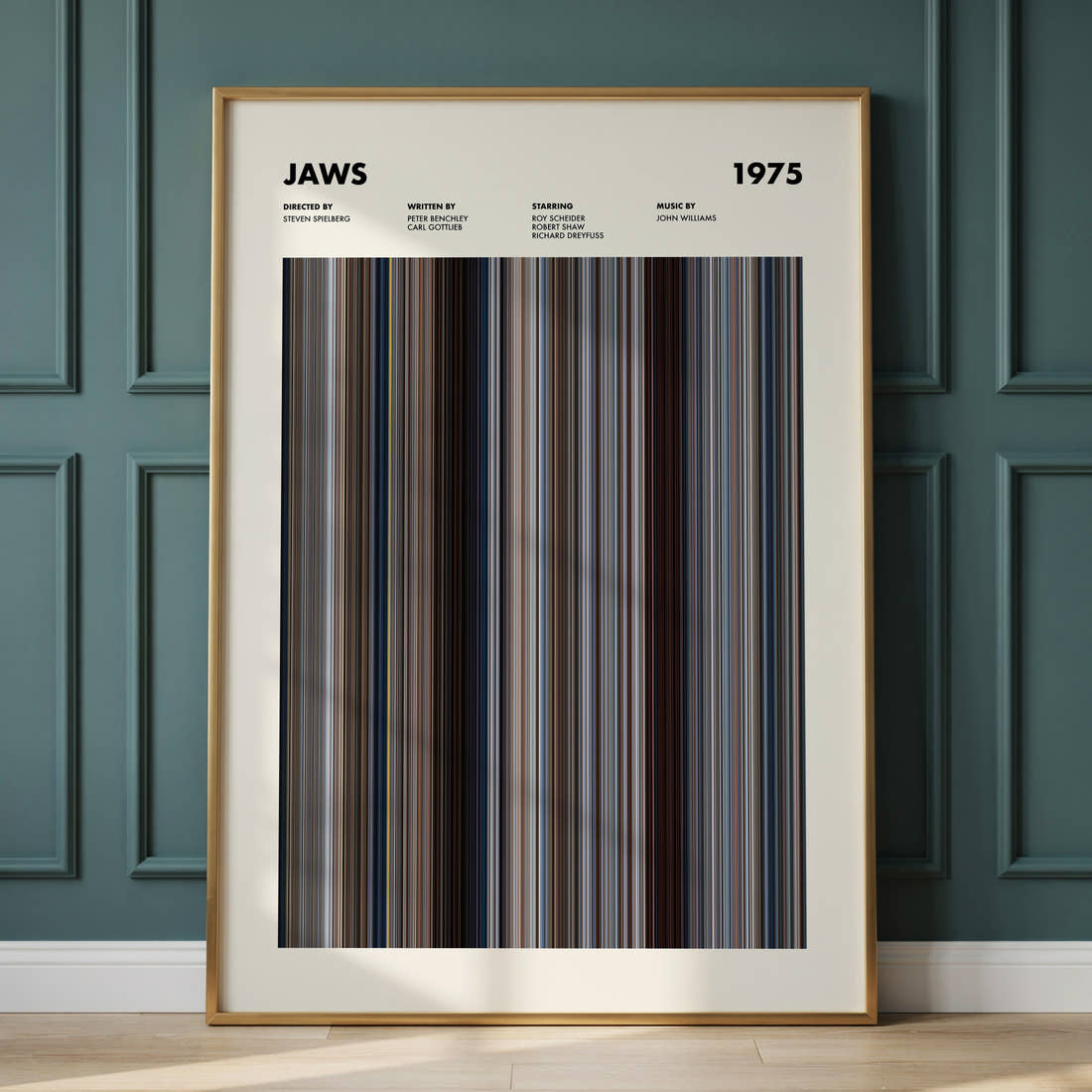 Jaws Movie Barcode Poster framed and leaning against a panelled wall
