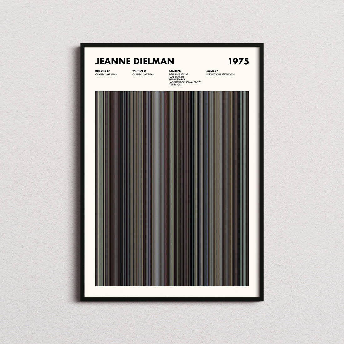 Jeanne Dielman Movie Barcode Poster framed on a plain studio wall