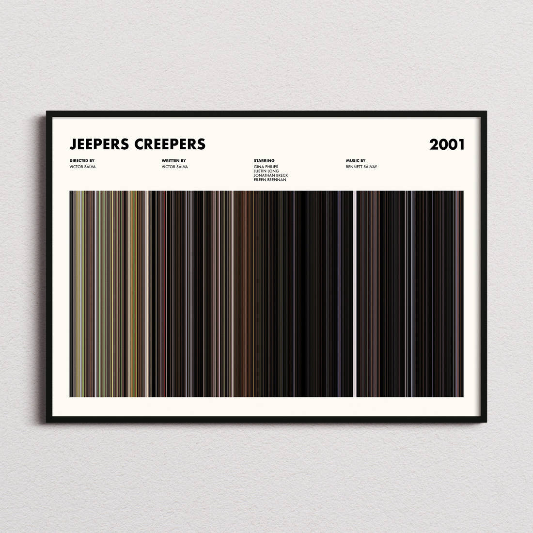 Jeepers Creepers Movie Barcode Poster framed and photographed straight on