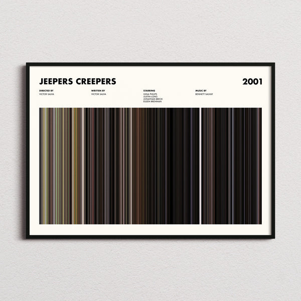 Jeepers Creepers Movie Barcode Poster framed and photographed straight on