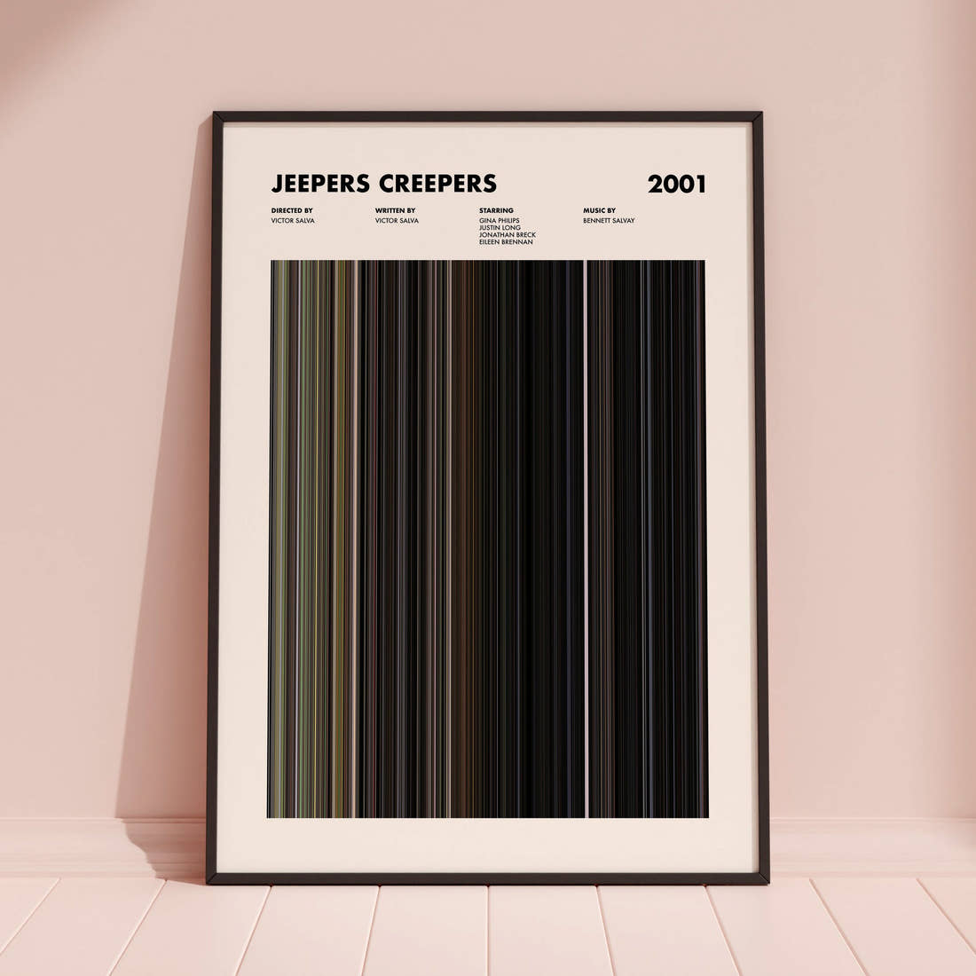 Jeepers Creepers Movie Barcode Poster framed and leaning against a coloured wall
