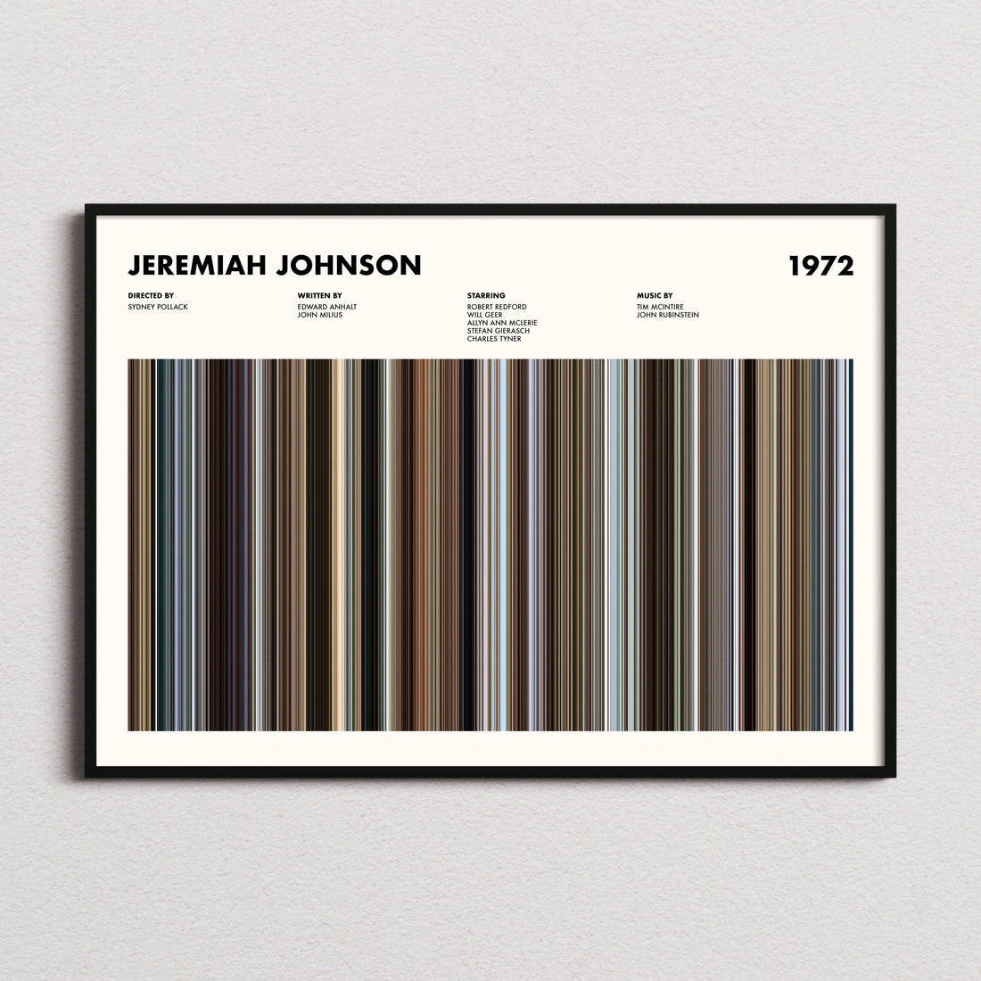Jeremiah Johnson Movie Barcode Poster framed and photographed straight on