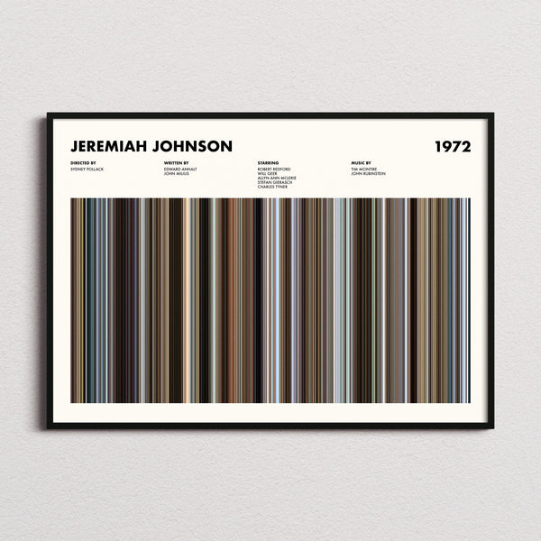 Jeremiah Johnson Movie Barcode Poster framed and photographed straight on