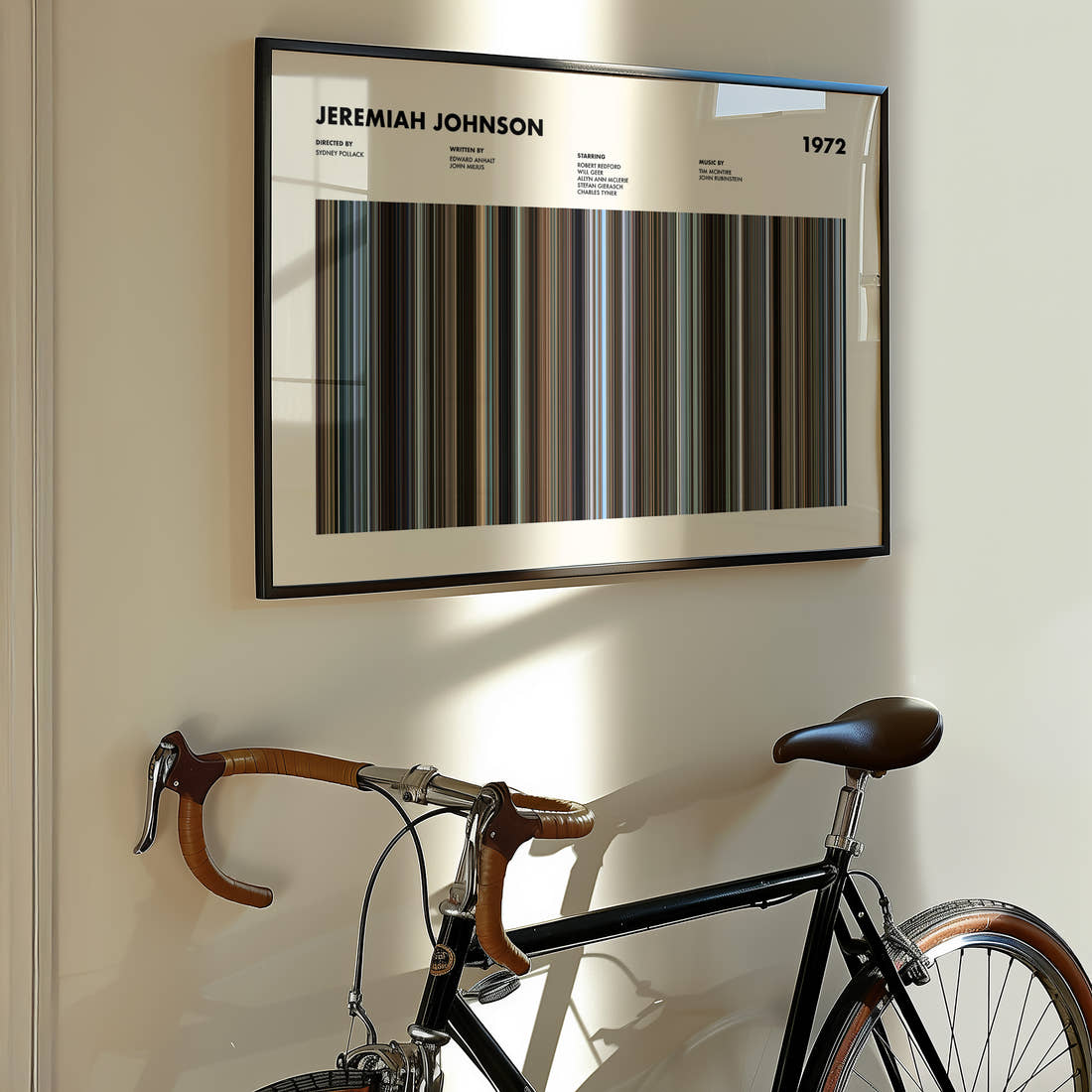 Jeremiah Johnson Movie Barcode Poster framed on the wall of a styled room setting