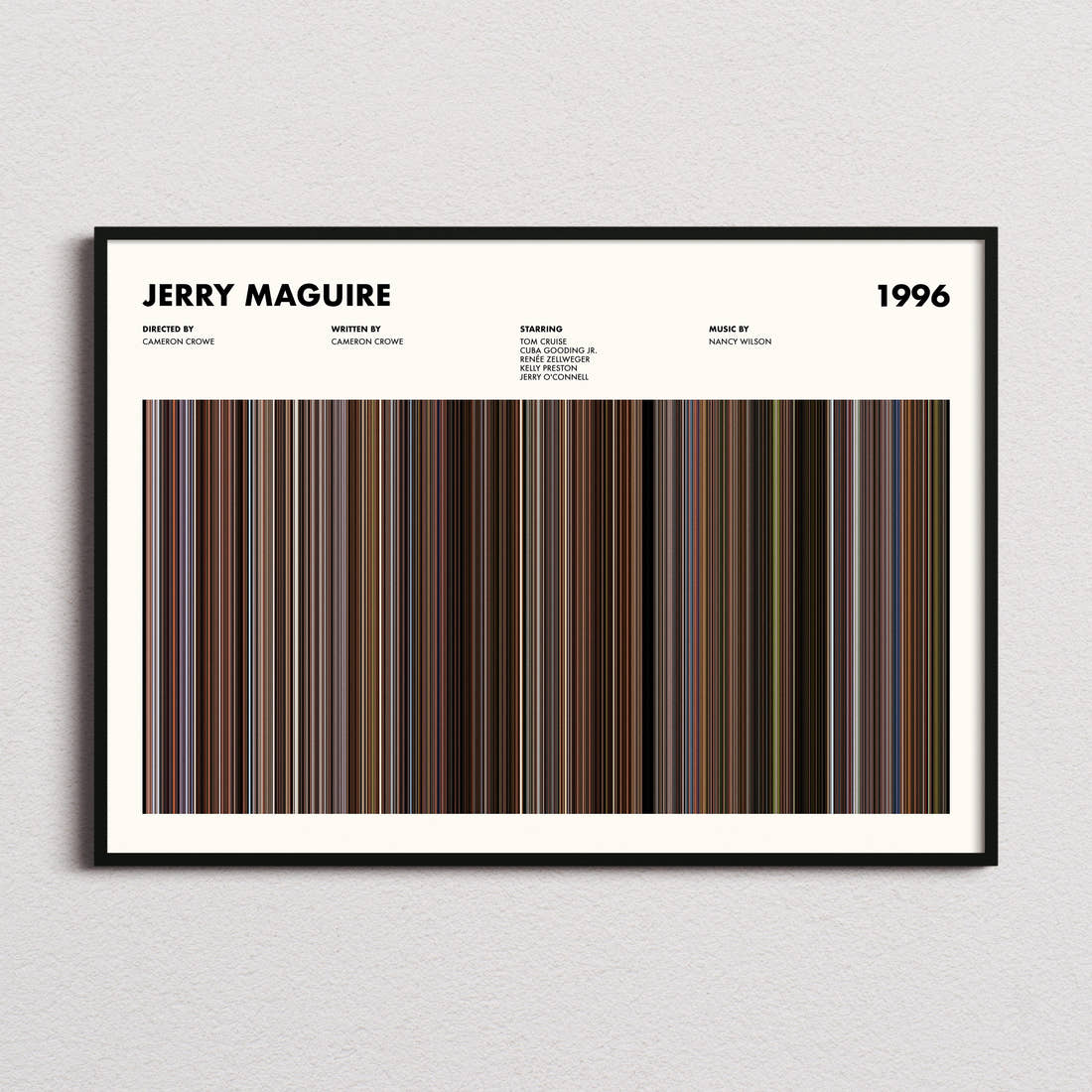Jerry Maguire Movie Barcode Poster framed and photographed straight on
