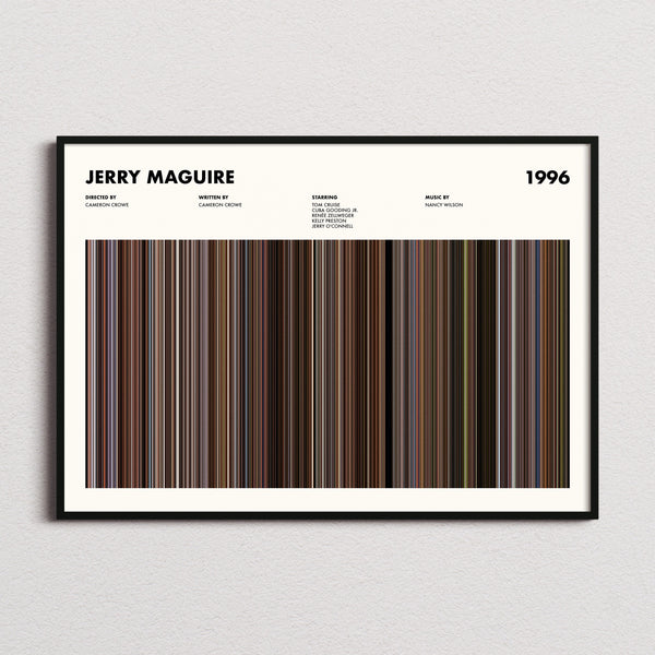 Jerry Maguire Movie Barcode Poster framed and photographed straight on
