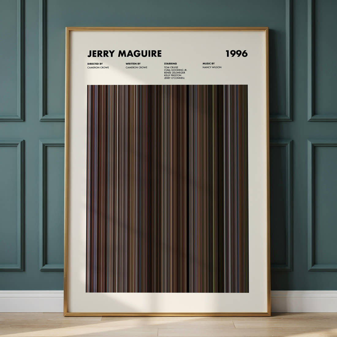 Jerry Maguire Movie Barcode Poster framed and leaning against a panelled wall
