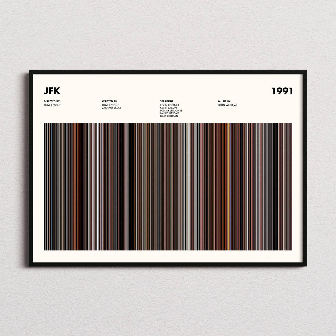 JFK Movie Barcode Poster framed and photographed straight on