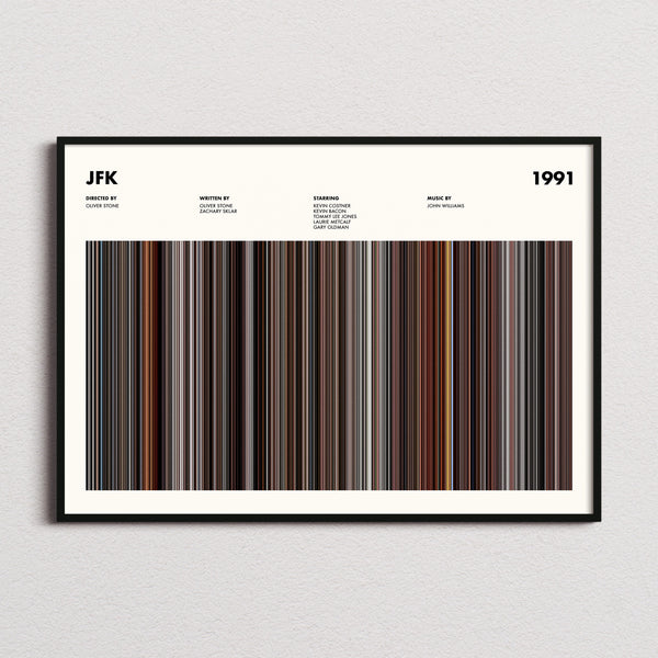 JFK Movie Barcode Poster framed and photographed straight on