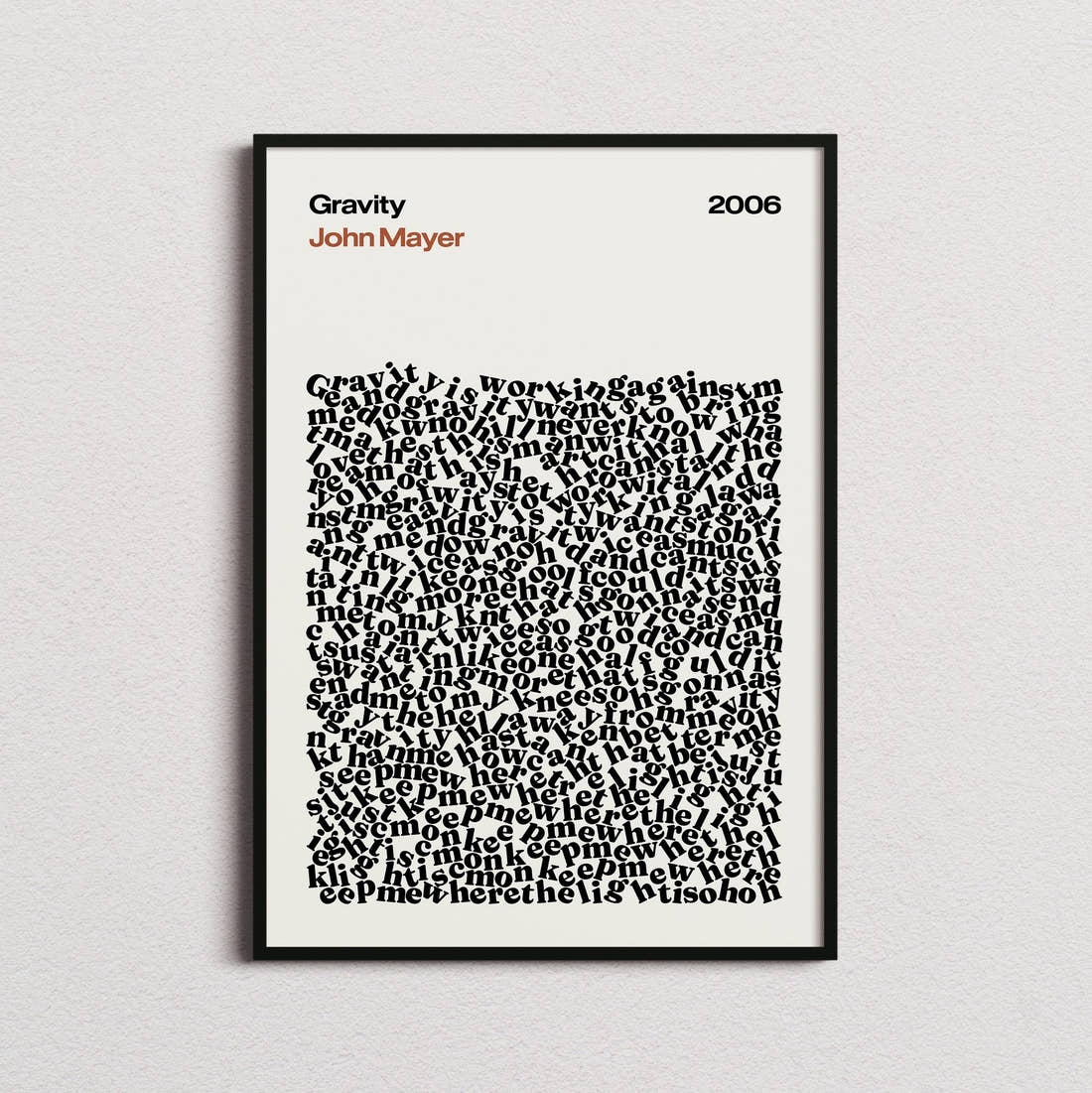 John Mayer Gravity Lyric Print in the cream colourway, framed