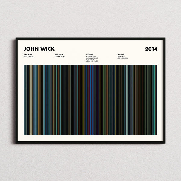 John Wick Movie Barcode Poster framed and photographed straight on