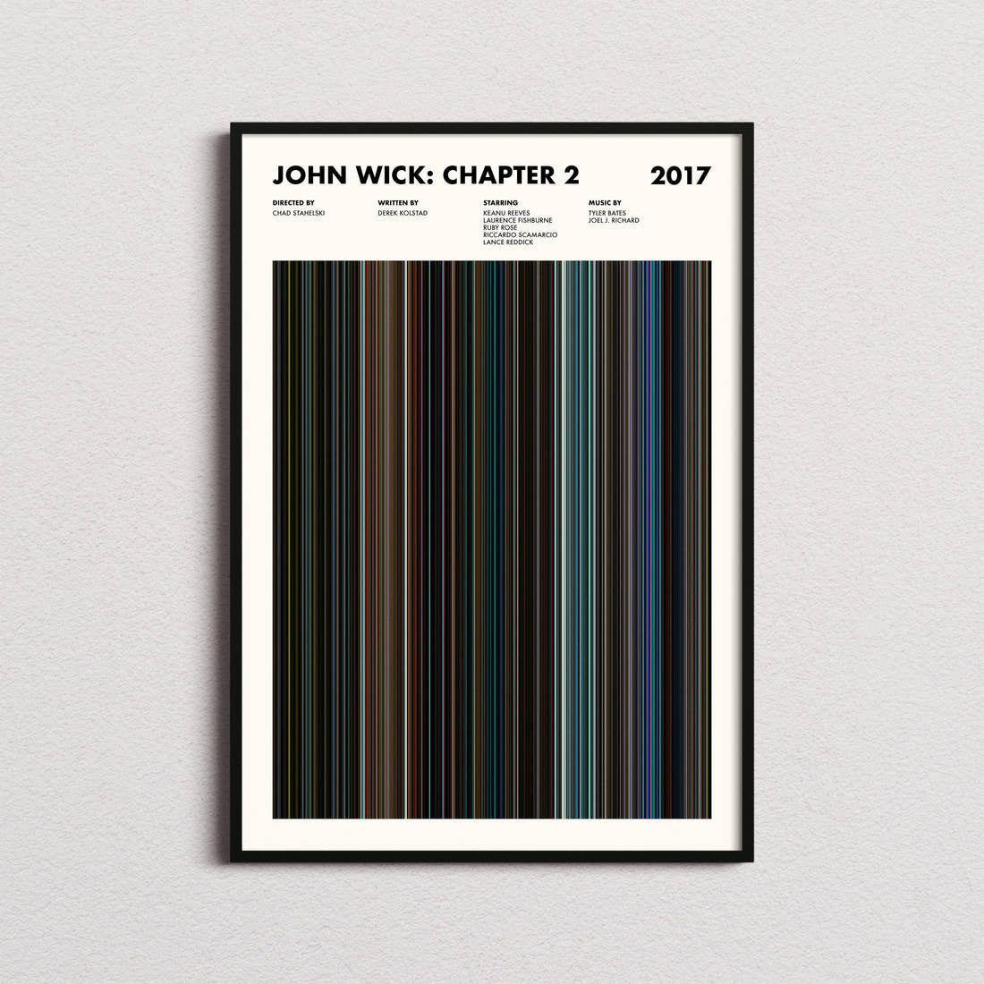 John Wick Chapter 2 Movie Barcode Poster framed on a plain studio wall