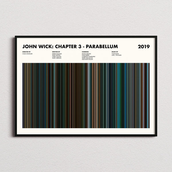 John Wick Chapter 3 Parabellum Movie Barcode Poster framed and photographed straight on
