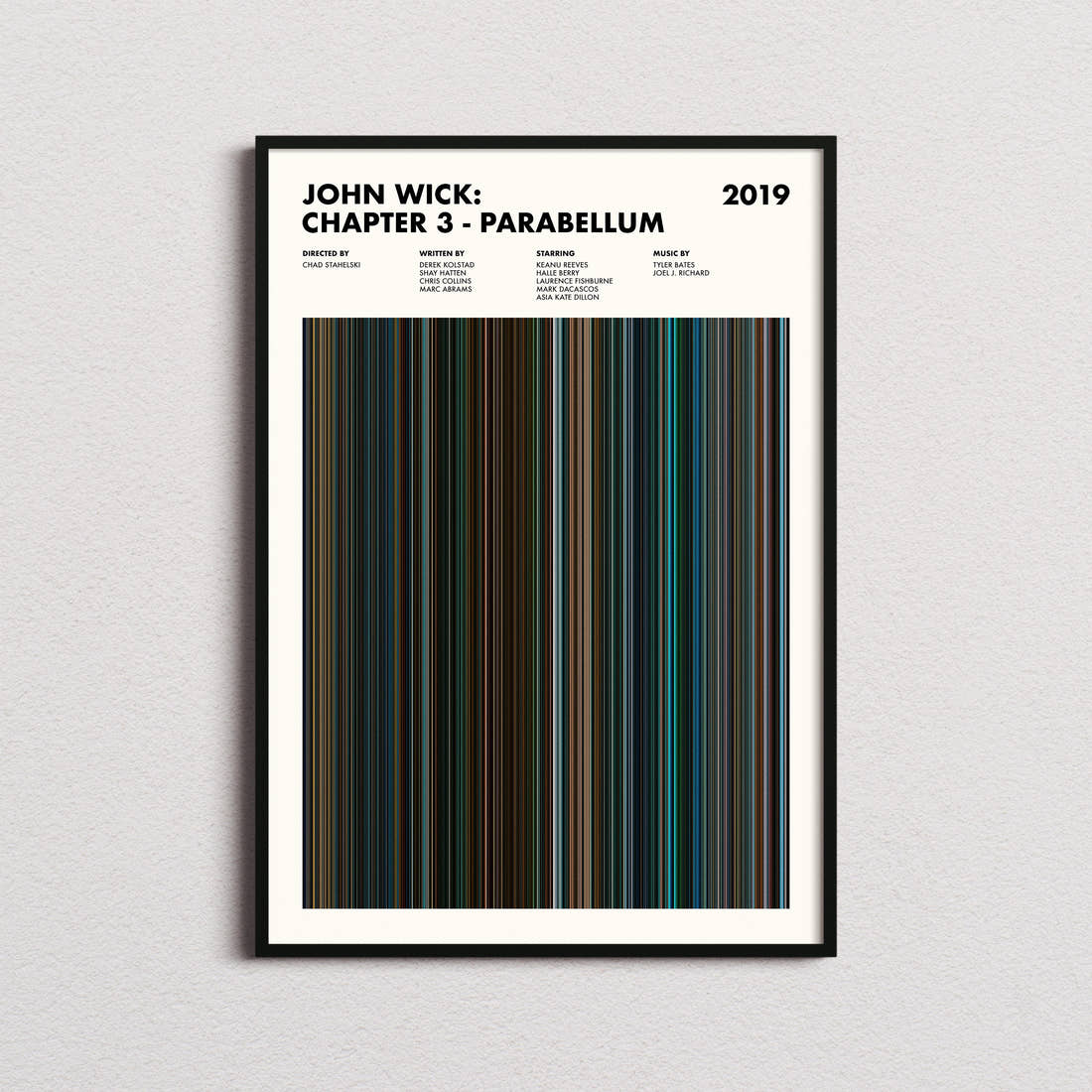 John Wick Chapter 3 Parabellum Movie Barcode Poster framed on a plain studio wall