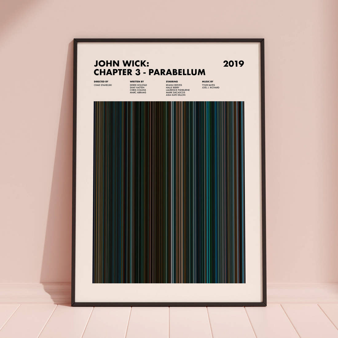 John Wick Chapter 3 Parabellum Movie Barcode Poster framed and leaning against a coloured wall
