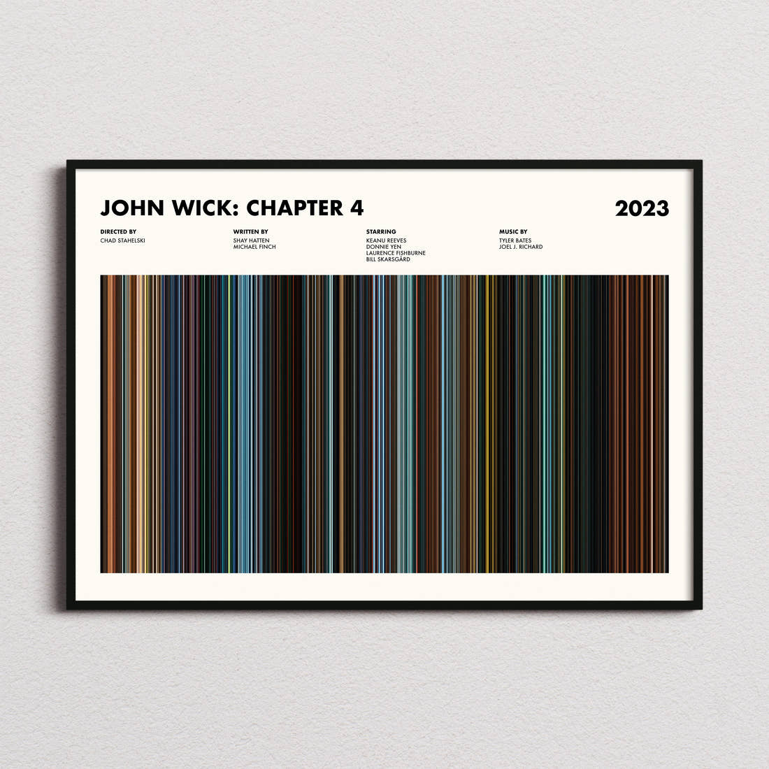 John Wick Chapter 4 Movie Barcode Poster framed and photographed straight on