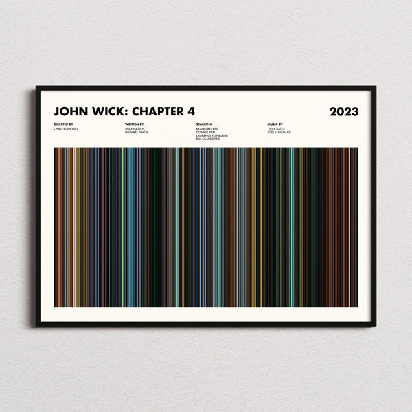 John Wick Chapter 4 Movie Barcode Poster framed and photographed straight on
