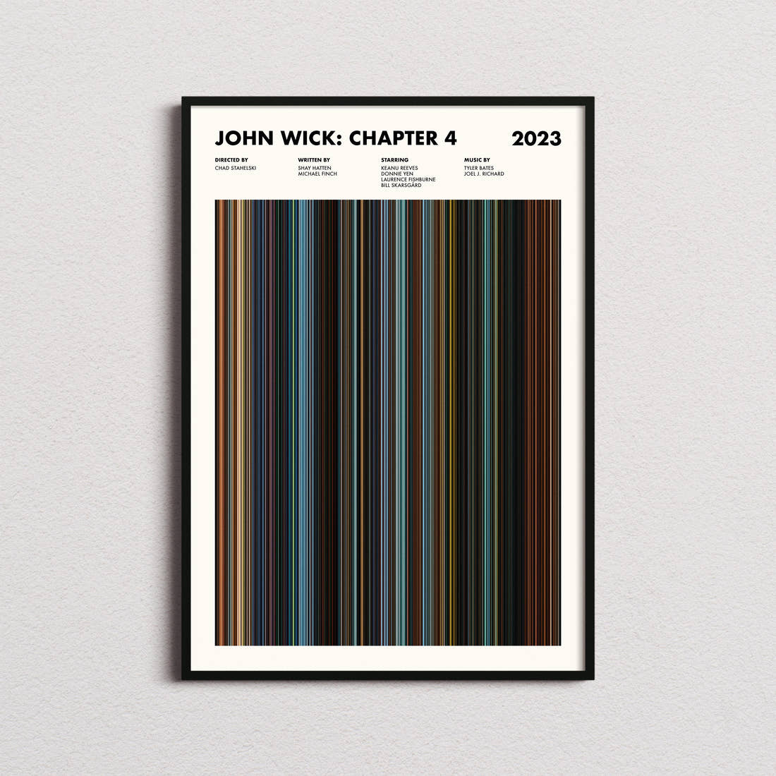 John Wick Chapter 4 Movie Barcode Poster framed on a plain studio wall