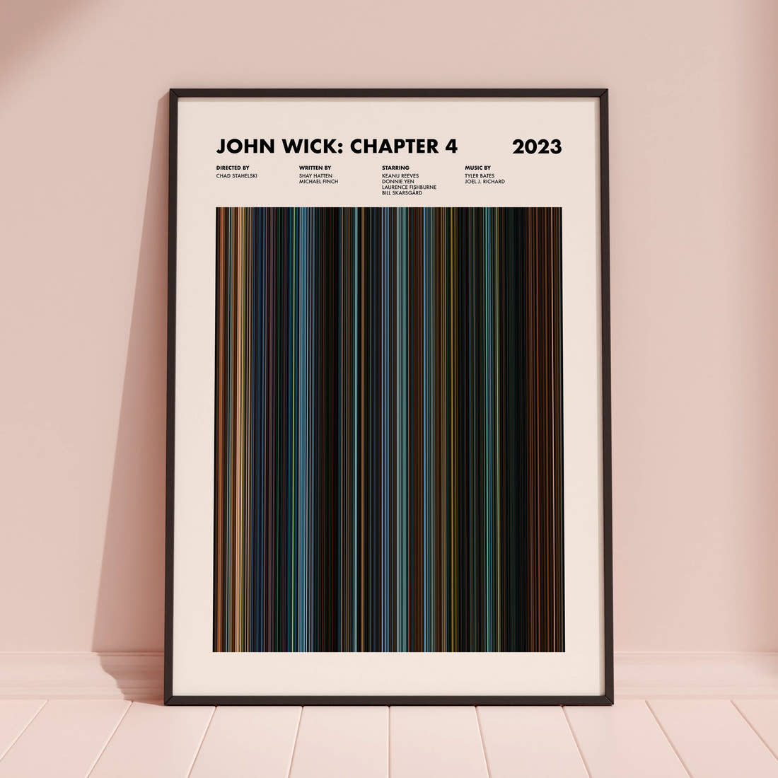 John Wick Chapter 4 Movie Barcode Poster framed and leaning against a coloured wall