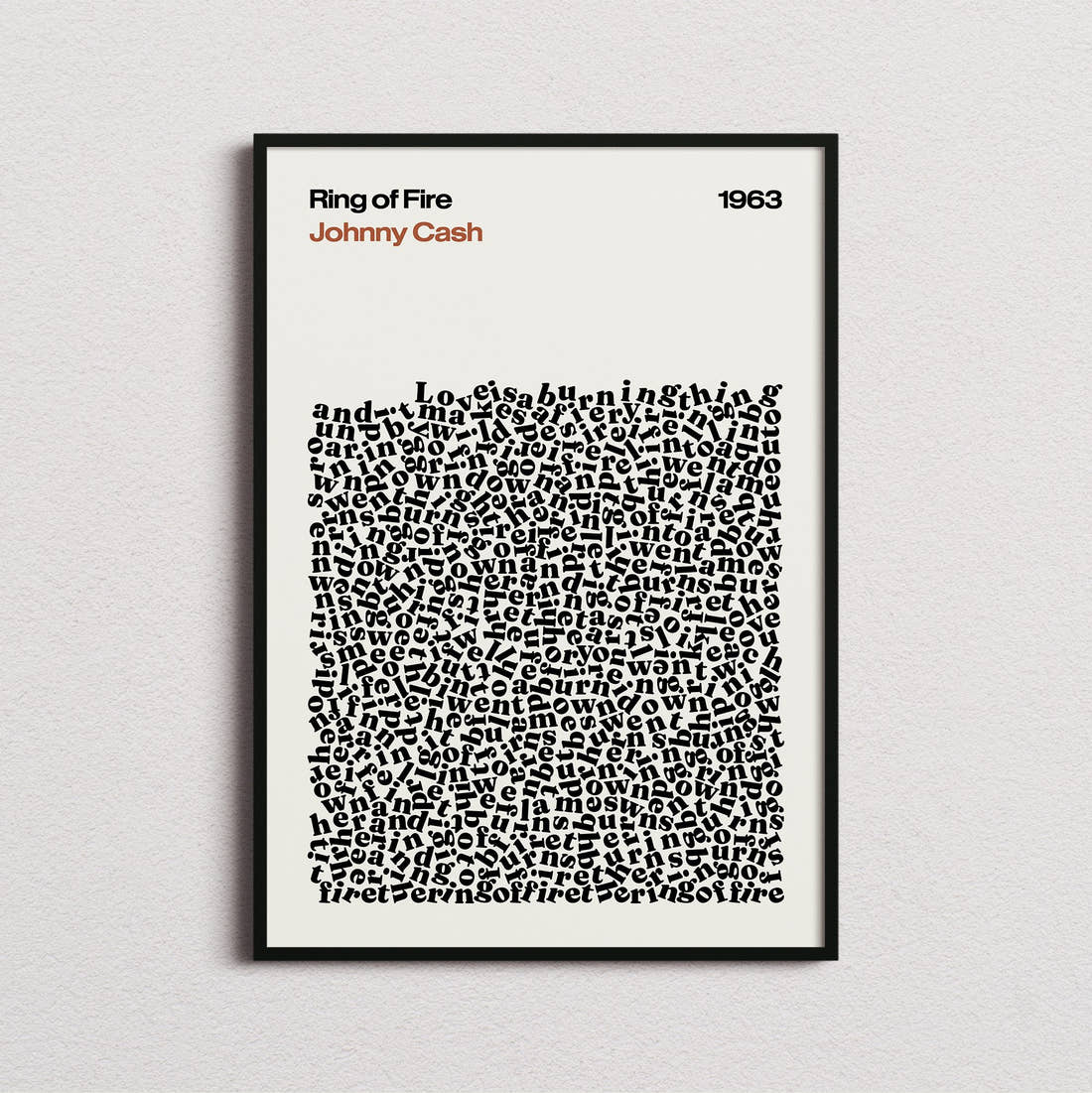 Johnny Cash Ring of Fire Lyric Print in the cream colourway, framed